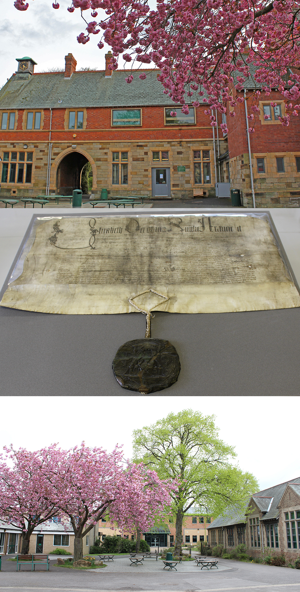 A montage of three photos; a red brich school building, a parchment charter with wax seal, and a view of a courtyard between buildings with trees with pink blossom.