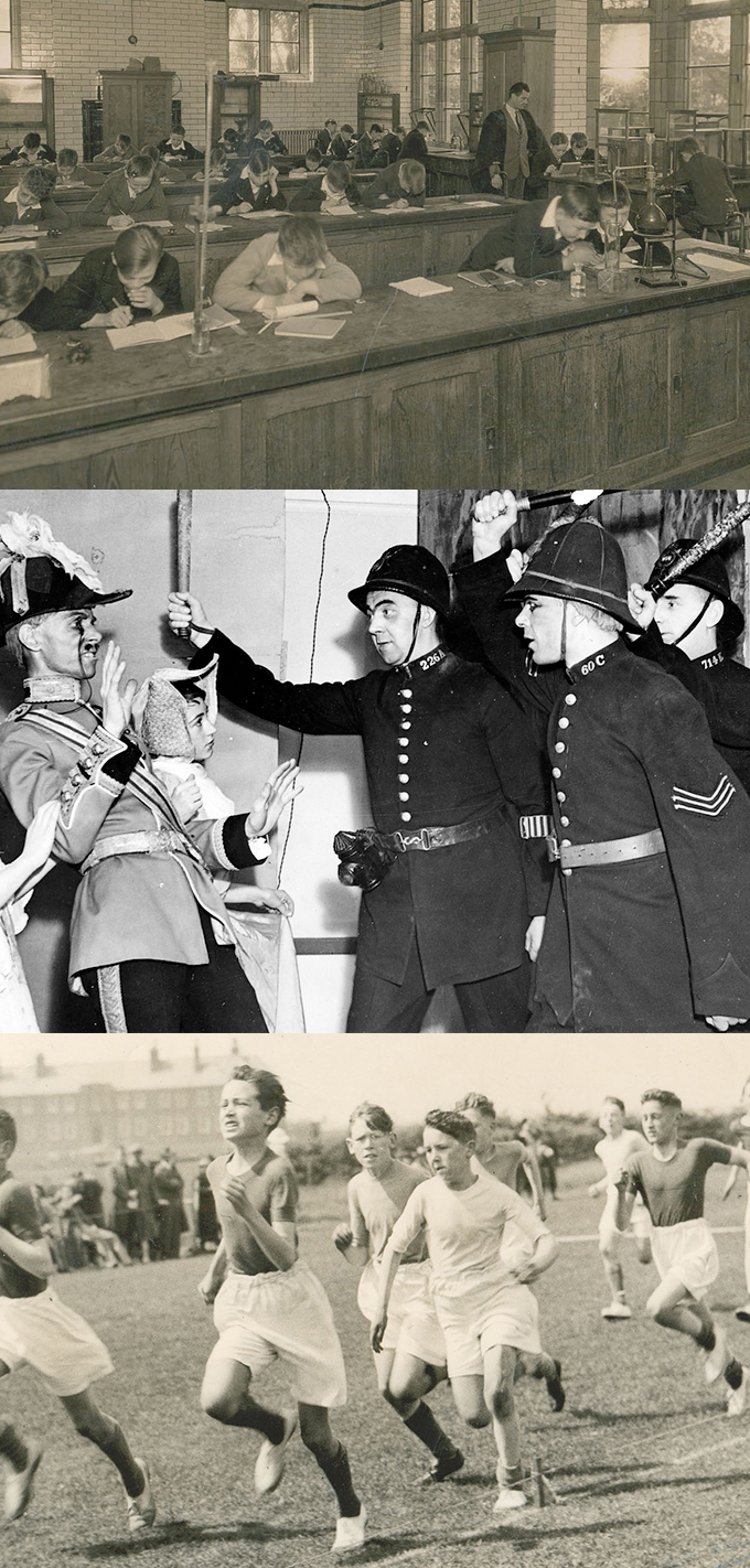A montage of archive photographs, showing boys in a science class, a scene from a play showing policemen, and a Victorian school group.