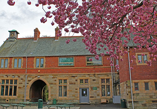 The Waterhouse Building A sandstone and brick two story school building now part of a collage, with a tree in full blossom with bright pink flowers.