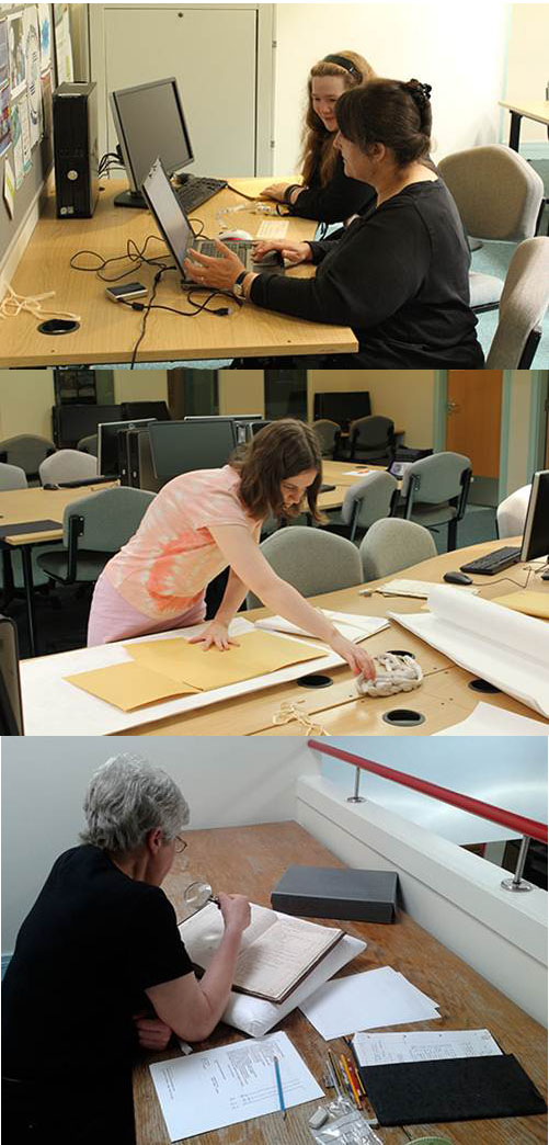 A montage of colour photographs of volunteers (all women) working on archive collections.