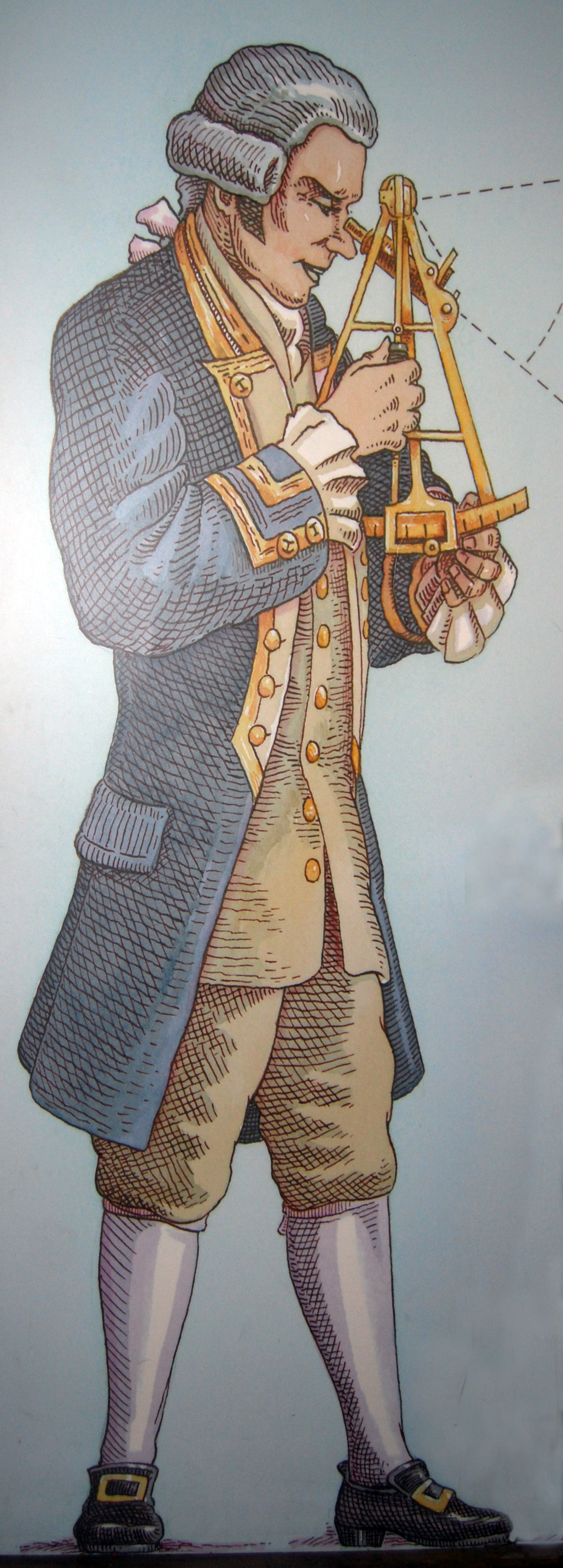A drawing of a white man in eighteenth-century clothes and a grey wig, using a sextant