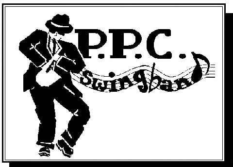 Logo of Prior Pursglove College Swingband, showing a man in a suit and hat playing a saxaphone to the left of the text PPC Swingband.