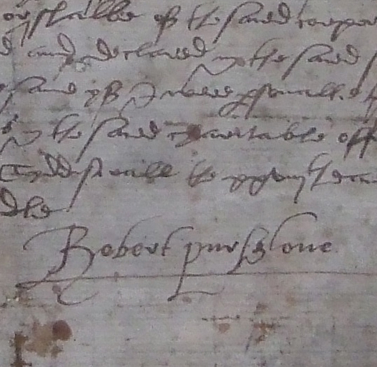 Signature of Robert Pursglove in black into on paper, from 1569.