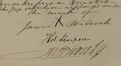 The mark of James Wilcock, used after his stroke. A detail from a page of minutes written in 1841, showing the signatures of Thomas Simpson and W. P. Sowerby, and the mark of James Wilcock, a cross around which someone else has written his name.