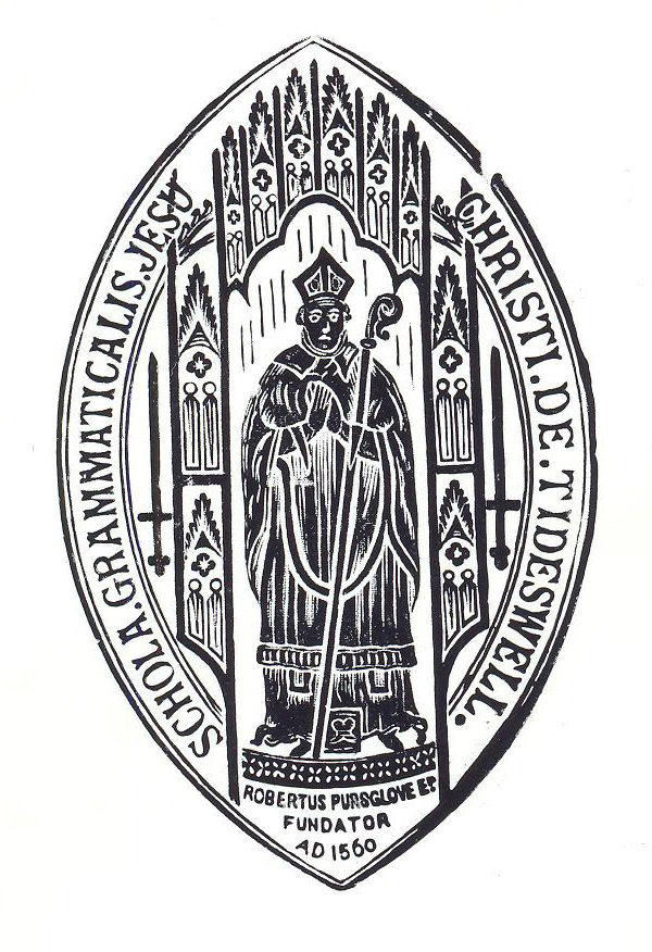 A print from a stamp in black ink on white paper. It is a pointed oval in shape, standing on its long axis, and contains a bishop (Robert Pursglove) beneath a gothic canopy. 